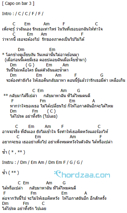 คอร์ดเพลง กลับมา - 2 Days ago Kids คอร์ดเพลง กลับมา - 2 Days ago Kids